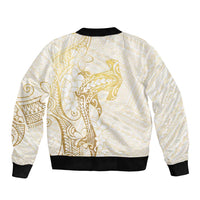 Gold and White Hawaii Bomber Jacket Hammerhead Shark Tattoo Curve Polynesian - Polynesian Pride