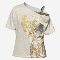 Gold and White Hawaii Cross Shoulder Shirt Hammerhead Shark Tattoo Curve Polynesian - Polynesian Pride