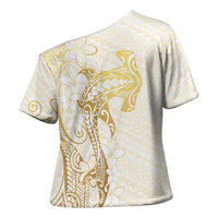 Gold and White Hawaii Cross Shoulder Shirt Hammerhead Shark Tattoo Curve Polynesian - Polynesian Pride