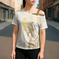 Gold and White Hawaii Cross Shoulder Shirt Hammerhead Shark Tattoo Curve Polynesian - Polynesian Pride