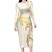 Gold and White Hawaii Family Matching Long Sleeve Bodycon Dress and Hawaiian Shirt Hammerhead Shark Tattoo Curve Polynesian - Polynesian Pride