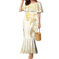 Gold and White Hawaii Family Matching Mermaid Dress and Hawaiian Shirt Hammerhead Shark Tattoo Curve Polynesian - Polynesian Pride