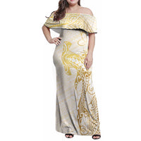 Gold and White Hawaii Family Matching Off Shoulder Maxi Dress and Hawaiian Shirt Hammerhead Shark Tattoo Curve Polynesian - Polynesian Pride