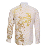 Gold and White Hawaii Family Matching Puletasi and Hawaiian Shirt Hammerhead Shark Tattoo Curve Polynesian - Polynesian Pride