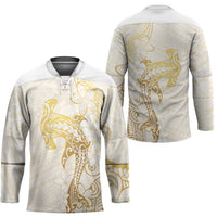 Gold and White Hawaii Hockey Jersey Hammerhead Shark Tattoo Curve Polynesian - Polynesian Pride