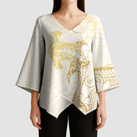 Gold and White Hawaii Kimono Sleeve Blouse Hammerhead Shark Tattoo Curve Polynesian - Polynesian Pride