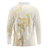 Gold and White Hawaii Long Sleeve Polo Shirt Hammerhead Shark Tattoo Curve Polynesian LT14 - Polynesian Pride