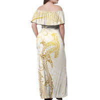 Gold and White Hawaii Off Shoulder Maxi Dress Hammerhead Shark Tattoo Curve Polynesian - Polynesian Pride