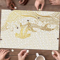 Gold and White Hawaii Puzzle Hammerhead Shark Tattoo Curve Polynesian - Polynesian Pride