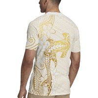 Gold and White Hawaii Rugby Jersey Hammerhead Shark Tattoo Curve Polynesian - Polynesian Pride