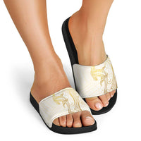 Gold and White Hawaii Slide Sandals Hammerhead Shark Tattoo Curve Polynesian - Polynesian Pride