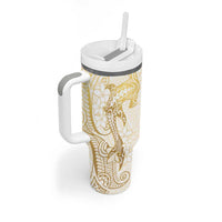 Gold and White Hawaii Tumbler With Handle Hammerhead Shark Tattoo Curve Polynesian - Polynesian Pride