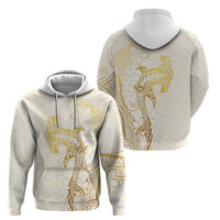 Gold and White Hawaii Zip Hoodie Hammerhead Shark Tattoo Curve Polynesian - Polynesian Pride