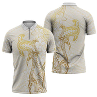 Gold and White Hawaii Zipper Polo Shirt Hammerhead Shark Tattoo Curve Polynesian - Polynesian Pride