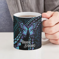Personalised Polynesia Suicide Prevention Month Ceramic Mug Brave Strong Butterfly Teal Purple Ribbon
