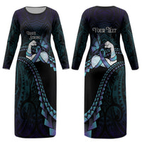 Personalised Polynesia Suicide Prevention Month Couples Matching Long Sleeve Bodycon Dress and Hawaiian Shirt Brave Strong Butterfly Teal Purple Ribbon