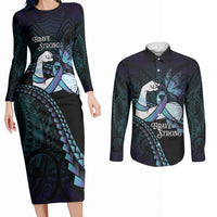 Personalised Polynesia Suicide Prevention Month Couples Matching Long Sleeve Bodycon Dress and Long Sleeve Button Shirt Brave Strong Butterfly Teal Purple Ribbon