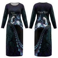 Personalised Polynesia Suicide Prevention Month Couples Matching Long Sleeve Bodycon Dress and Long Sleeve Button Shirt Brave Strong Butterfly Teal Purple Ribbon