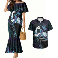 Personalised Polynesia Suicide Prevention Month Couples Matching Mermaid Dress and Hawaiian Shirt Brave Strong Butterfly Teal Purple Ribbon