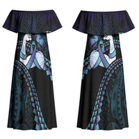 Personalised Polynesia Suicide Prevention Month Couples Matching Off Shoulder Maxi Dress and Long Sleeve Button Shirt Brave Strong Butterfly Teal Purple Ribbon