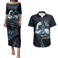 Personalised Polynesia Suicide Prevention Month Couples Matching Puletasi and Hawaiian Shirt Brave Strong Butterfly Teal Purple Ribbon