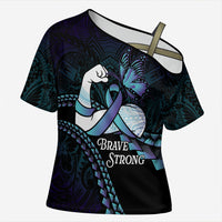 Personalised Polynesia Suicide Prevention Month Cross Shoulder Shirt Brave Strong Butterfly Teal Purple Ribbon