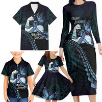 Personalised Polynesia Suicide Prevention Month Family Matching Long Sleeve Bodycon Dress and Hawaiian Shirt Brave Strong Butterfly Teal Purple Ribbon