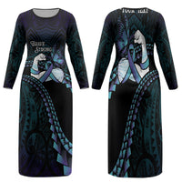 Personalised Polynesia Suicide Prevention Month Family Matching Long Sleeve Bodycon Dress and Hawaiian Shirt Brave Strong Butterfly Teal Purple Ribbon