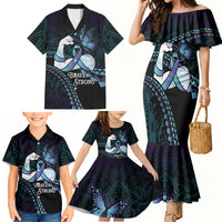 Personalised Polynesia Suicide Prevention Month Family Matching Mermaid Dress and Hawaiian Shirt Brave Strong Butterfly Teal Purple Ribbon
