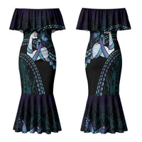 Personalised Polynesia Suicide Prevention Month Family Matching Mermaid Dress and Hawaiian Shirt Brave Strong Butterfly Teal Purple Ribbon