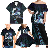 Personalised Polynesia Suicide Prevention Month Family Matching Off Shoulder Maxi Dress and Hawaiian Shirt Brave Strong Butterfly Teal Purple Ribbon