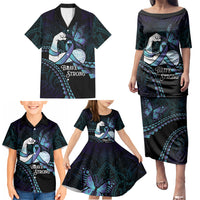 Personalised Polynesia Suicide Prevention Month Family Matching Puletasi and Hawaiian Shirt Brave Strong Butterfly Teal Purple Ribbon