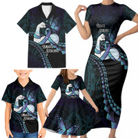 Personalised Polynesia Suicide Prevention Month Family Matching Short Sleeve Bodycon Dress and Hawaiian Shirt Brave Strong Butterfly Teal Purple Ribbon