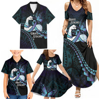 Personalised Polynesia Suicide Prevention Month Family Matching Summer Maxi Dress and Hawaiian Shirt Brave Strong Butterfly Teal Purple Ribbon