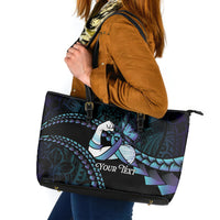 Personalised Polynesia Suicide Prevention Month Leather Tote Bag Brave Strong Butterfly Teal Purple Ribbon