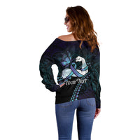 Personalised Polynesia Suicide Prevention Month Off Shoulder Sweater Brave Strong Butterfly Teal Purple Ribbon