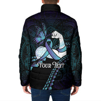 Personalised Polynesia Suicide Prevention Month Padded Jacket Brave Strong Butterfly Teal Purple Ribbon