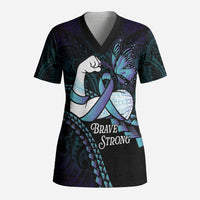 Personalised Polynesia Suicide Prevention Month Scrub Top Brave Strong Butterfly Teal Purple Ribbon