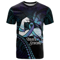 Personalised Polynesia Suicide Prevention Month T Shirt Brave Strong Butterfly Teal Purple Ribbon