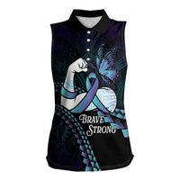 Personalised Polynesia Suicide Prevention Month Women Sleeveless Polo Shirt Brave Strong Butterfly Teal Purple Ribbon