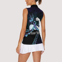 Personalised Polynesia Suicide Prevention Month Women Sleeveless Polo Shirt Brave Strong Butterfly Teal Purple Ribbon
