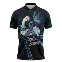 Personalised Polynesia Suicide Prevention Month Zipper Polo Shirt Brave Strong Butterfly Teal Purple Ribbon