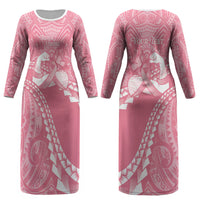 Personalised Polynesia Breast Cancer Awareness Couples Matching Long Sleeve Bodycon Dress and Hawaiian Shirt Brave Strong Butterfly Pink Ribbon