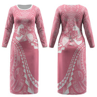 Personalised Polynesia Breast Cancer Awareness Couples Matching Long Sleeve Bodycon Dress and Long Sleeve Button Shirt Brave Strong Butterfly Pink Ribbon