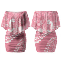Personalised Polynesia Breast Cancer Awareness Couples Matching Off Shoulder Short Dress and Hawaiian Shirt Brave Strong Butterfly Pink Ribbon