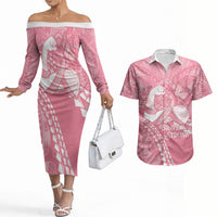 Personalised Polynesia Breast Cancer Awareness Couples Matching Off The Shoulder Long Sleeve Dress and Hawaiian Shirt Brave Strong Butterfly Pink Ribbon
