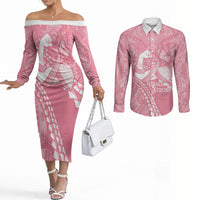 Personalised Polynesia Breast Cancer Awareness Couples Matching Off The Shoulder Long Sleeve Dress and Long Sleeve Button Shirt Brave Strong Butterfly Pink Ribbon