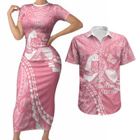 Personalised Polynesia Breast Cancer Awareness Couples Matching Short Sleeve Bodycon Dress and Hawaiian Shirt Brave Strong Butterfly Pink Ribbon