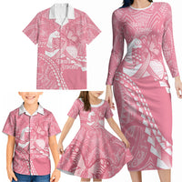 Personalised Polynesia Breast Cancer Awareness Family Matching Long Sleeve Bodycon Dress and Hawaiian Shirt Brave Strong Butterfly Pink Ribbon