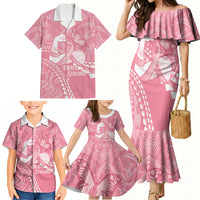 Personalised Polynesia Breast Cancer Awareness Family Matching Mermaid Dress and Hawaiian Shirt Brave Strong Butterfly Pink Ribbon